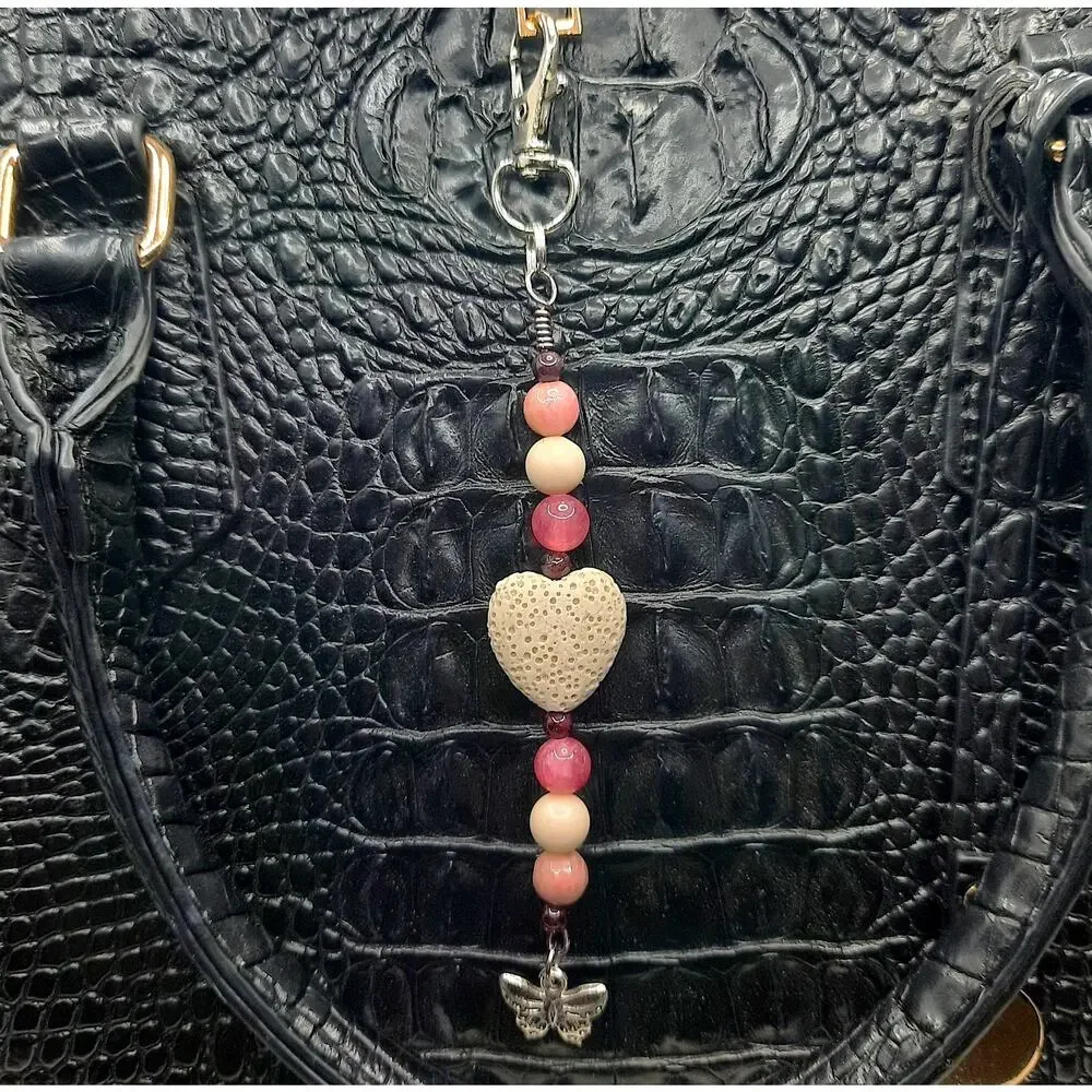 Handmade Butterfly Bag Charm Beaded Pink Cream Diffuser Keychain Lava Heart NEW